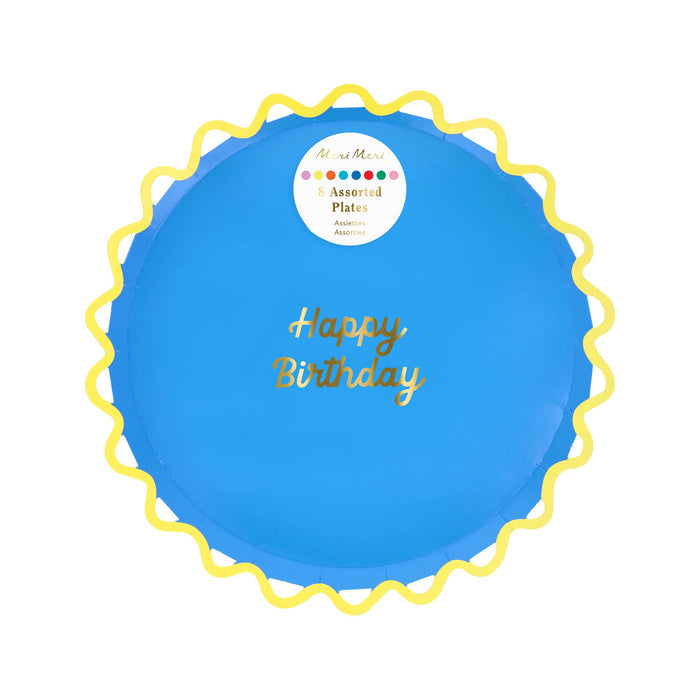 Pack of 8 colorful small paper plates with ric-rac rim and 'Happy Birthday' text in gold foil, on a white background.