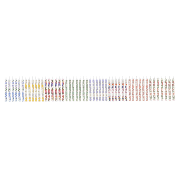 Set of 50 colorful floral print birthday cake candles on a white background.