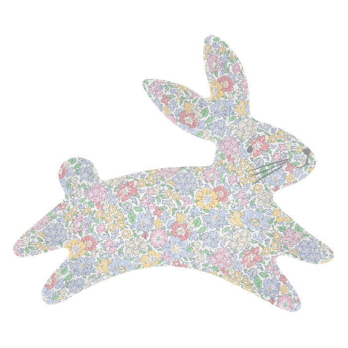 Floral-patterned bunny-shaped melamine plate on a white background.