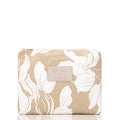 Beige pouch with white orchid floral pattern and Aloha Collection logo on a white background.