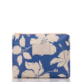 Navy blue striped pouch with beige floral pattern on a white background.