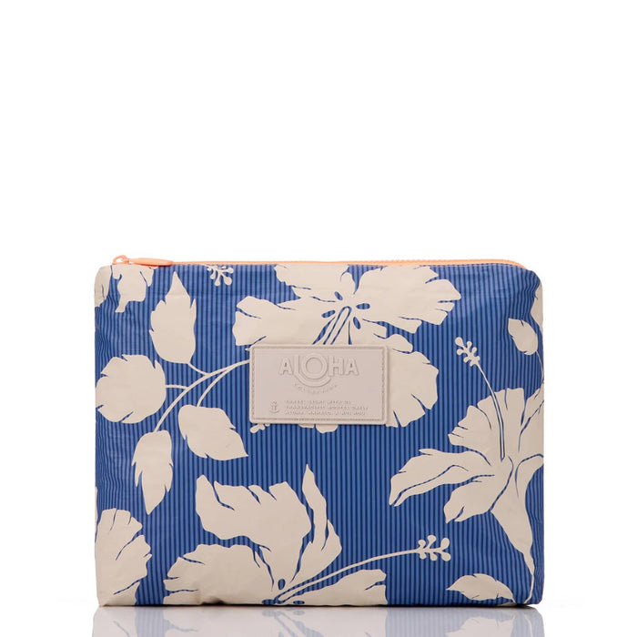Navy blue striped pouch with beige floral pattern on a white background.