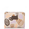 Beige zip pouch with brown, orange and purple shell print and 'Aloha' label, on a white background.
