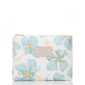 Pale blue hibscus floral print zip pouch with a beige Aloha Collection logo label, on a white background.