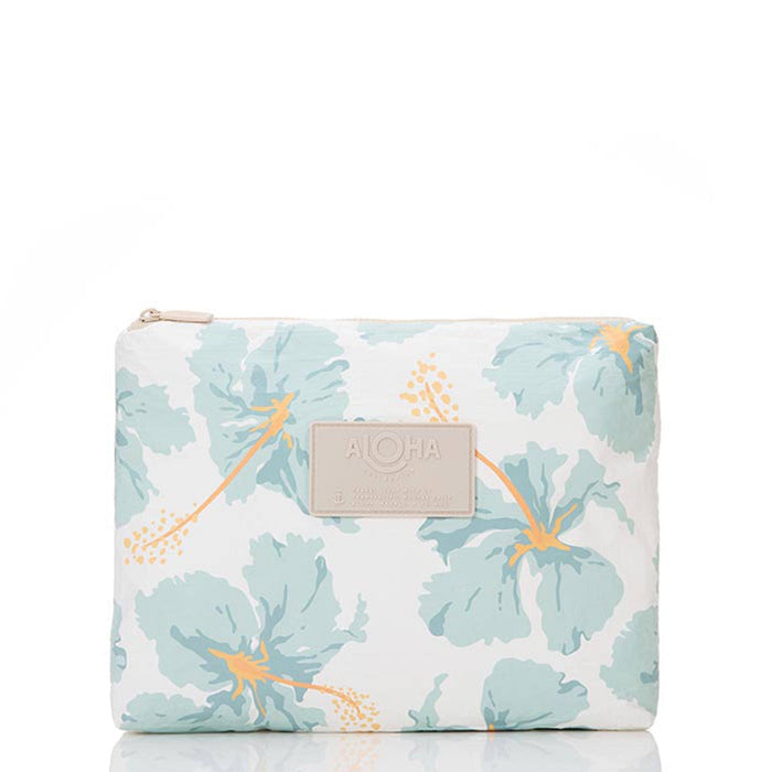 Pale blue hibscus floral print zip pouch with a beige Aloha Collection logo label, on a white background.