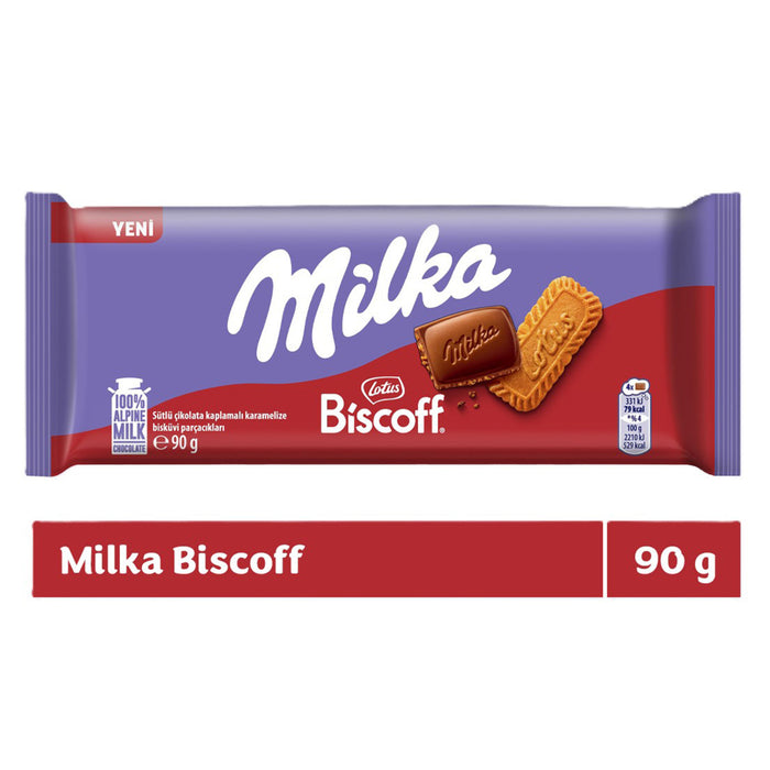 Milka Biscoff Milk Chocolate Bar brings together Milka’s smooth Alpine milk chocolate and the irresistible crunch of caramelized Biscoff-style biscuit pieces.