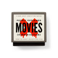 A square game box titled 'Poorly Explained Movies (Horror Edition)' on a clean white background. The box has a dark gray outer frame, a cream-colored center label with black text and a red "x" graphic, and a black base.
