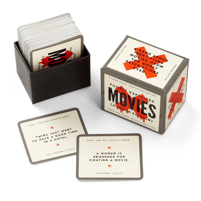 Card game titled 'Poorly Explained Movies Horror Edition' with cards and packaging on a white background.