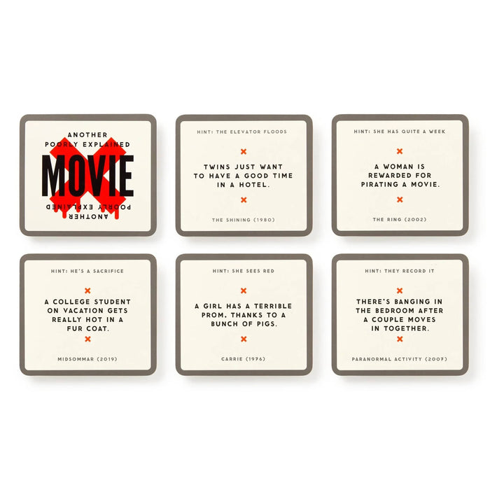 Six square movie-themed card designs arranged in a 2x3 grid on a white background. The cards have beige backs with gray borders and black text, featuring humorous movie quotes with hints and movie references like The Shining, The Ring, and Parasite.