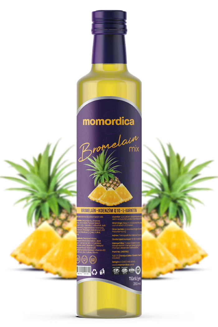 Momordica Bromelain Mix with Coenzyme Q10 and L-Carnitine is a specially formulated liquid dietary supplement enriched with bromelain, a natural enzyme derived from pineapple.