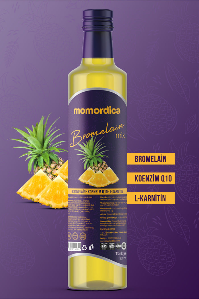 Momordica Bromelain Mix with Coenzyme Q10 and L-Carnitine is a specially formulated liquid dietary supplement enriched with bromelain, a natural enzyme derived from pineapple.