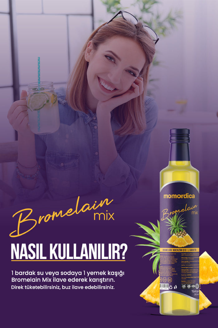 Momordica Bromelain Mix with Coenzyme Q10 and L-Carnitine is a specially formulated liquid dietary supplement enriched with bromelain, a natural enzyme derived from pineapple.
