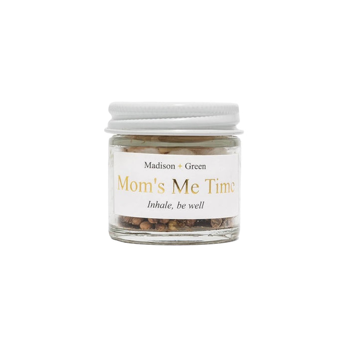 Mom's Me Time aromatherapy inhaler in a glass jar, front view, on a white background.