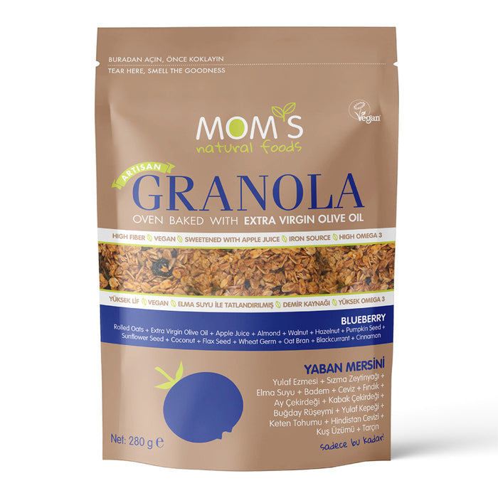 Start your morning with the wholesome crunch of Mom's Natural Foods Blueberry Granola, made with carefully selected grains, seeds, nuts, and real blueberries.