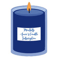 Illustration of a blue candle with a white label that says "monthly annie's candle subscription".