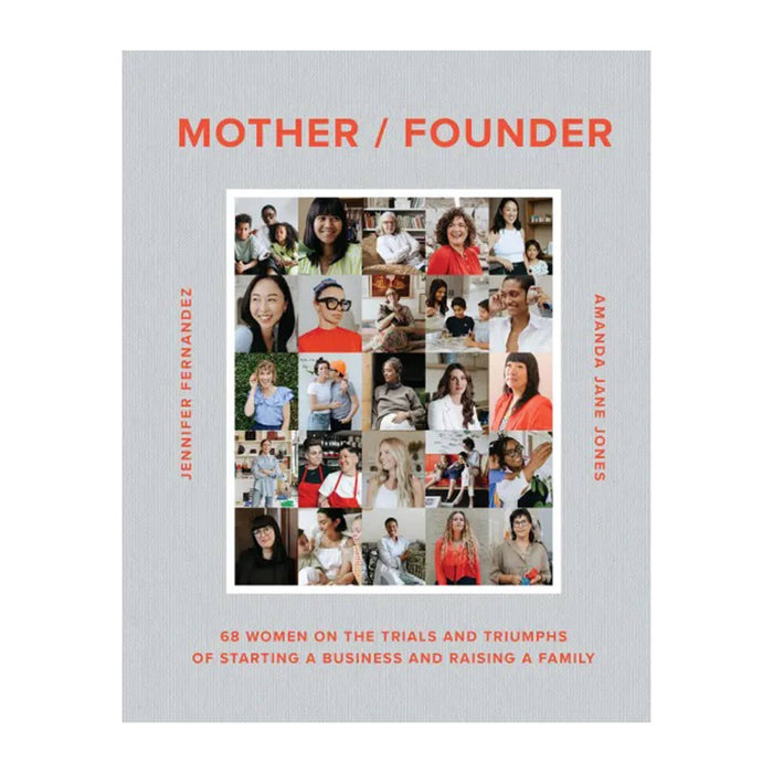 Book cover titled 'Mother/Founder' with a collage of women's faces on a gray background, on a white background.