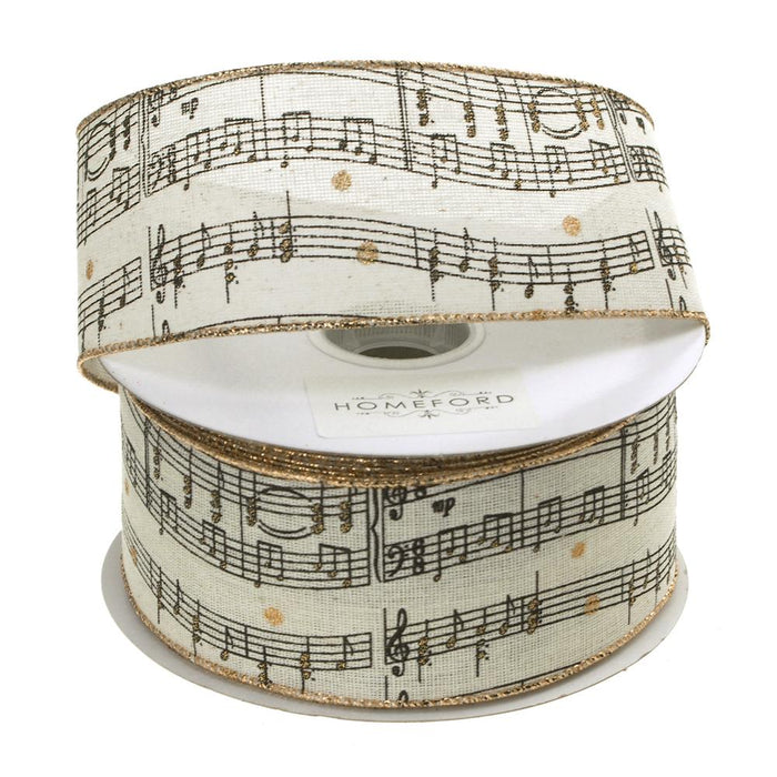 Musical Notes Gold Edge Canvas Wired Ribbon, Cream, 1-1/2-Inch, 20 Yards