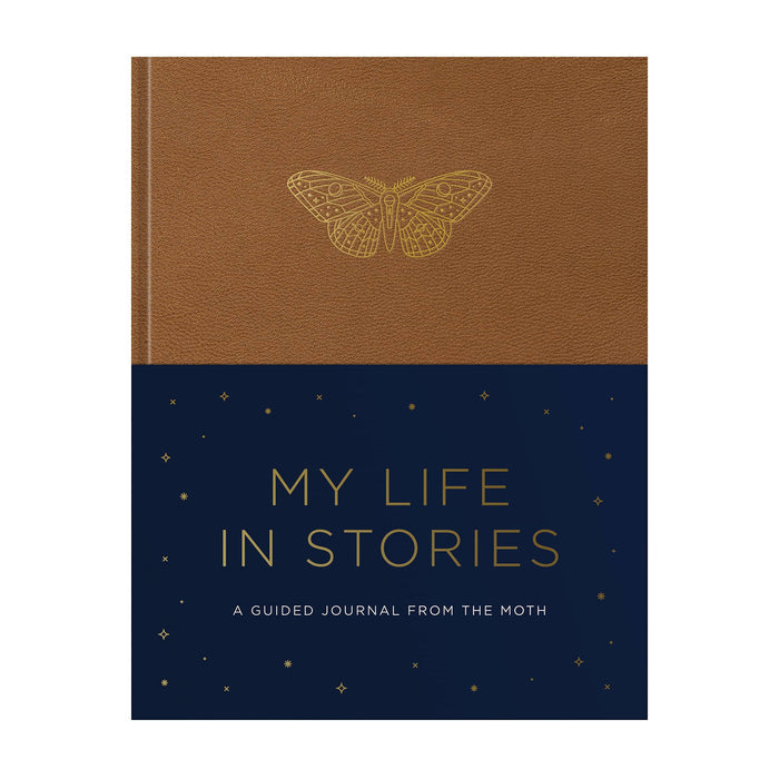 Guided journal titled 'My Life in Stories' with a butterfly illustration on a brown and navy cover.