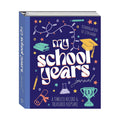 A hardcover journal titled 'My School Years Journal' on a plain white background. The cover is navy blue with colorful doodle-style illustrations including stars, a graduation cap, a pencil, books, a beaker, a trophy, and a rolled diploma.