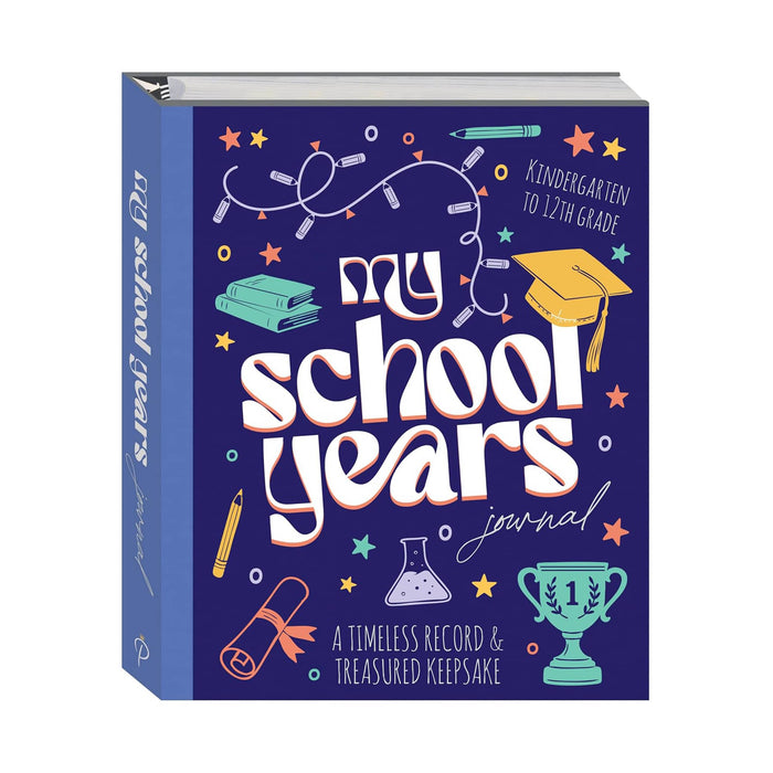 A hardcover journal titled 'My School Years Journal' on a plain white background. The cover is navy blue with colorful doodle-style illustrations including stars, a graduation cap, a pencil, books, a beaker, a trophy, and a rolled diploma.