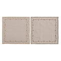Two square beige cotton napkins with embroidered borders, displayed side-by-side on a white background.