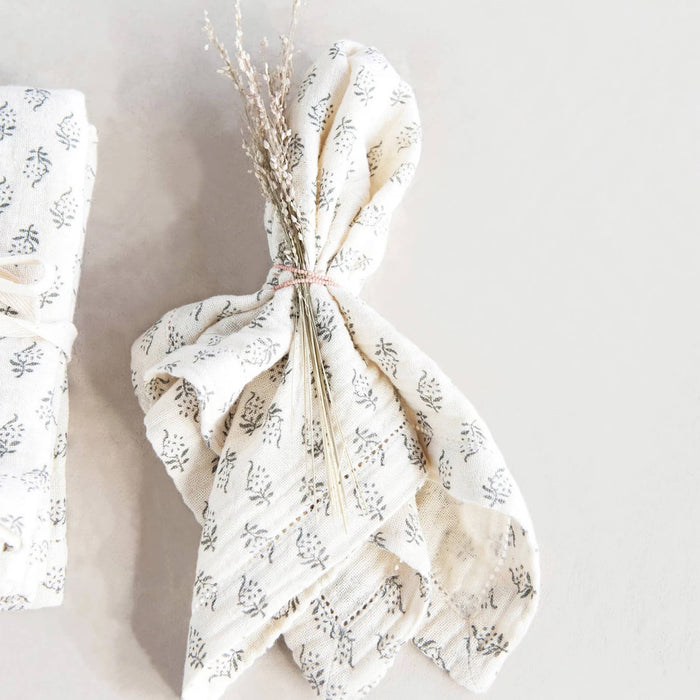 Natural Cotton Napkins with Gray Floral Print (Set of 4)