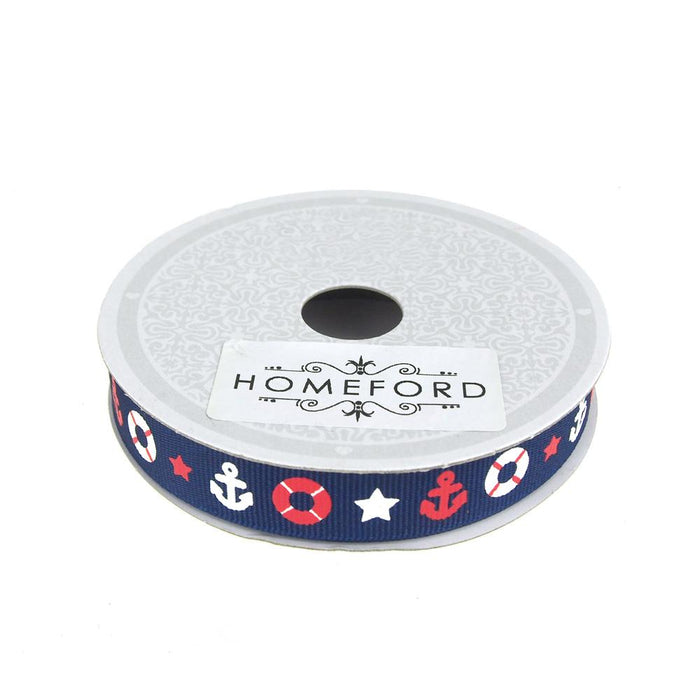 Nautical Anchor and Lifebuoy Grosgrain Ribbon, Navy Blue, 5/8-inch, 10 Yards