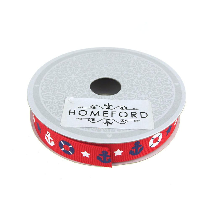Nautical Anchor and Lifebuoy Grosgrain Ribbon, Red, 5/8-inch, 10 Yards