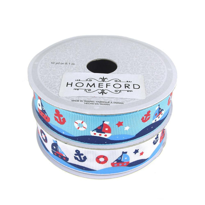 Nautical Anchor and Sailboat Grosgrain Ribbon, 7/8-inch, 10 Yards