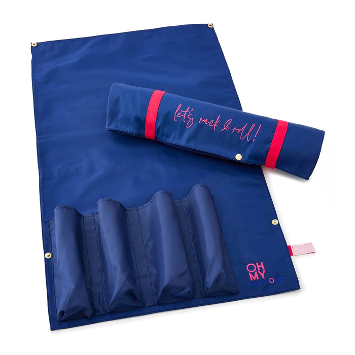Flat blue mahjong racks and pushers bag with rolled-up bag and pink text that says "let's rack and roll" on a white background.