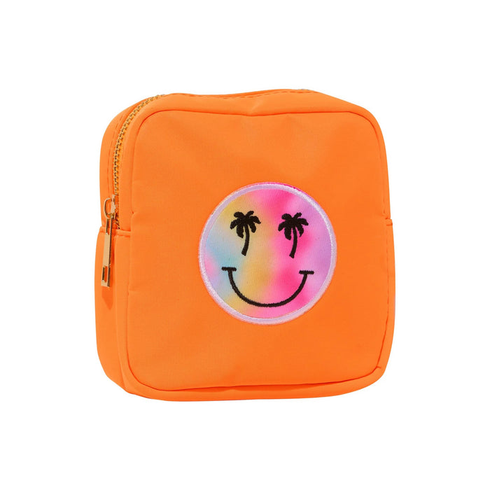 Neon orange square zip pouch with a tie-dye smiley face patch with palm tree eyes, on a white background.