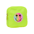 Neon yellow square zip pouch with a tie-dye smiley face patch with palm tree eyes, on a white background.