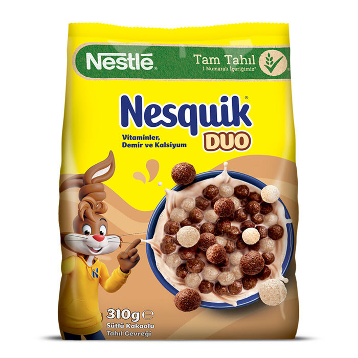 Nesquik Duo Milk Chocolate Wheat and Corn Cereal brings together crunchy wheat and corn pieces coated with delicious cocoa and milk flavors for a fun and satisfying breakfast.