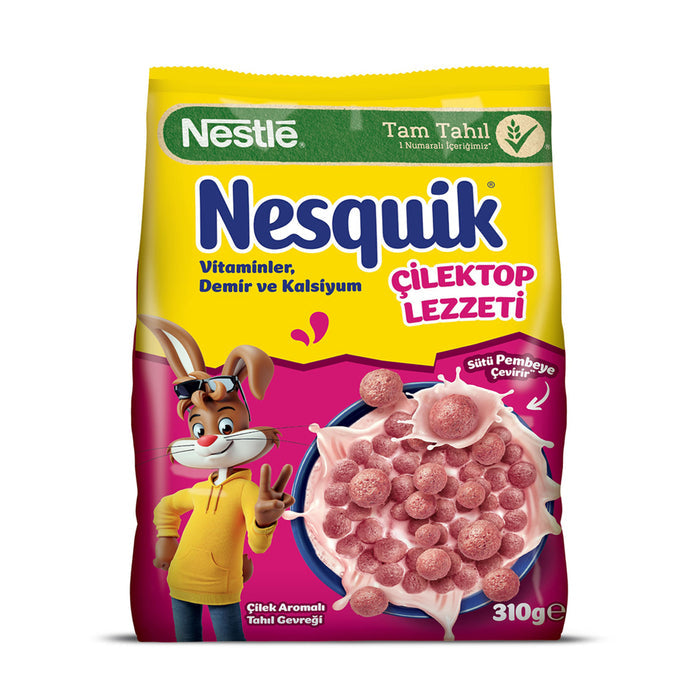 Start your morning with the colorful crunch of Nestle Nesquik Strawberry Ball Cereal.