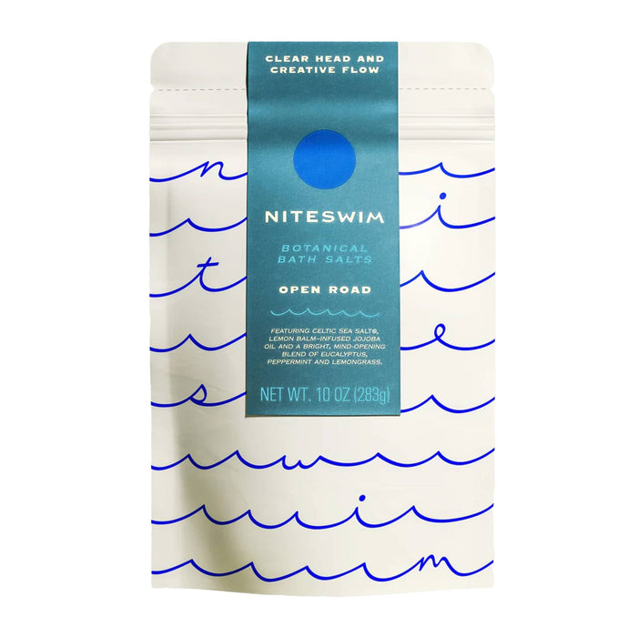 Niteswim Open Road Botanical Bath Salts package with blue wave design on a white background.
