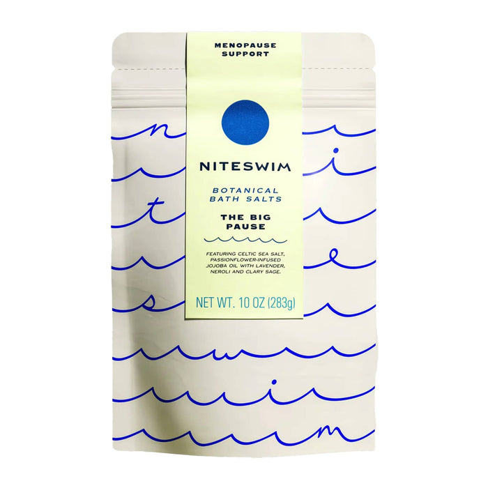 Niteswim The Big Pause Botanical Bath Salts package with blue wave design on a white background.