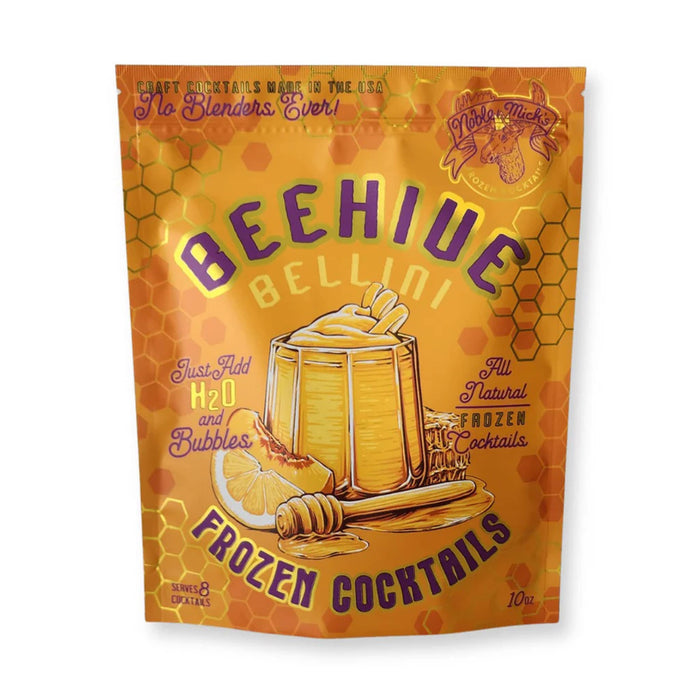 Front of packaging of Beehive Bellini frozen cocktails with honeycomb design with lemon and peach illustration, on a white background.