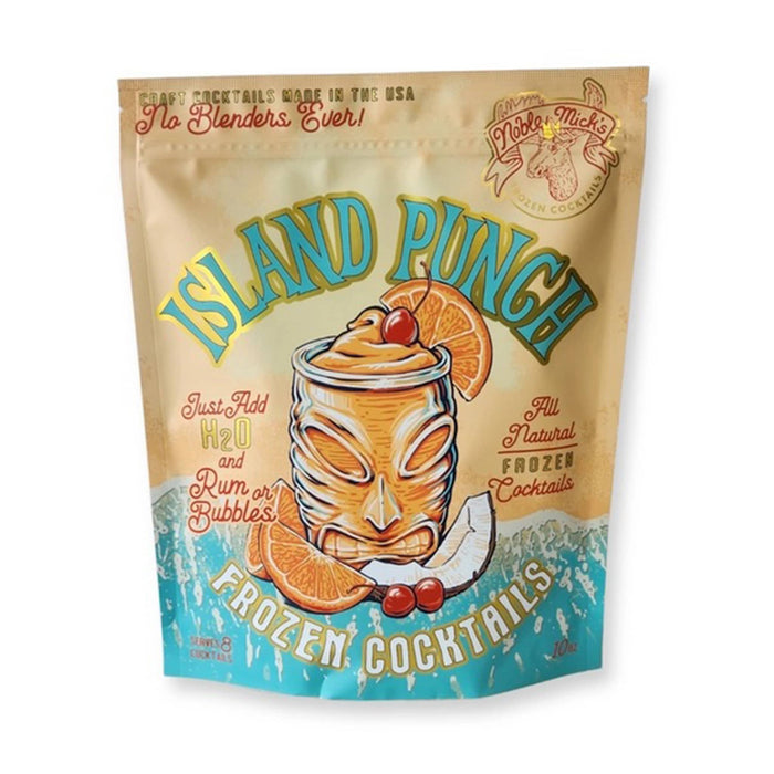 Front of pouch packaging of Island Punch Frozen Cocktail Mix with tiki mug illustration on a beige and blue backdrop, on a white background.