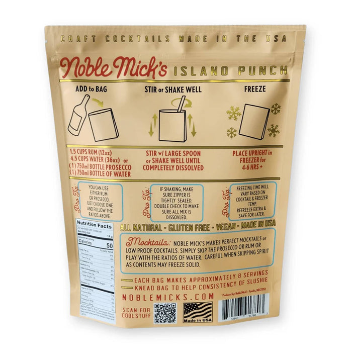 Back of Noble Mick's Island Punch frozen cocktail mix packaging, on a white background.