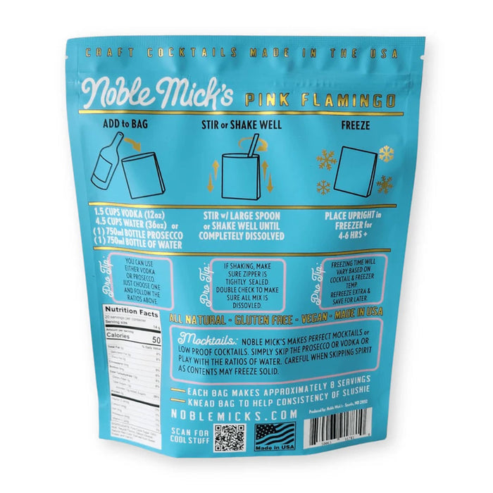 Back of Noble Mick's Pink Flamingo cocktail mix packaging with blue background and white text.