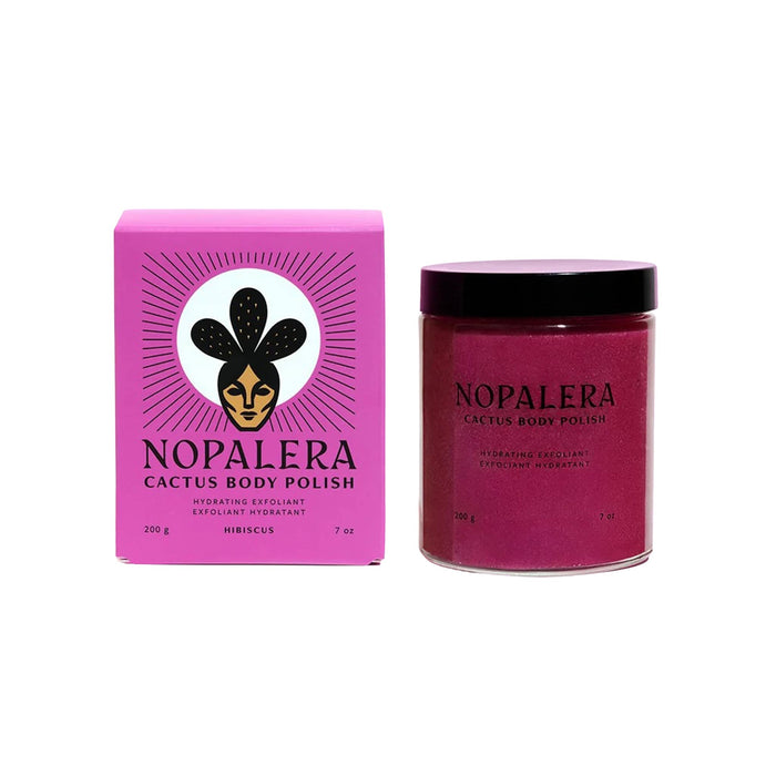 Nopalera hibiscus cactus body polish with pink box packaging on a white background.