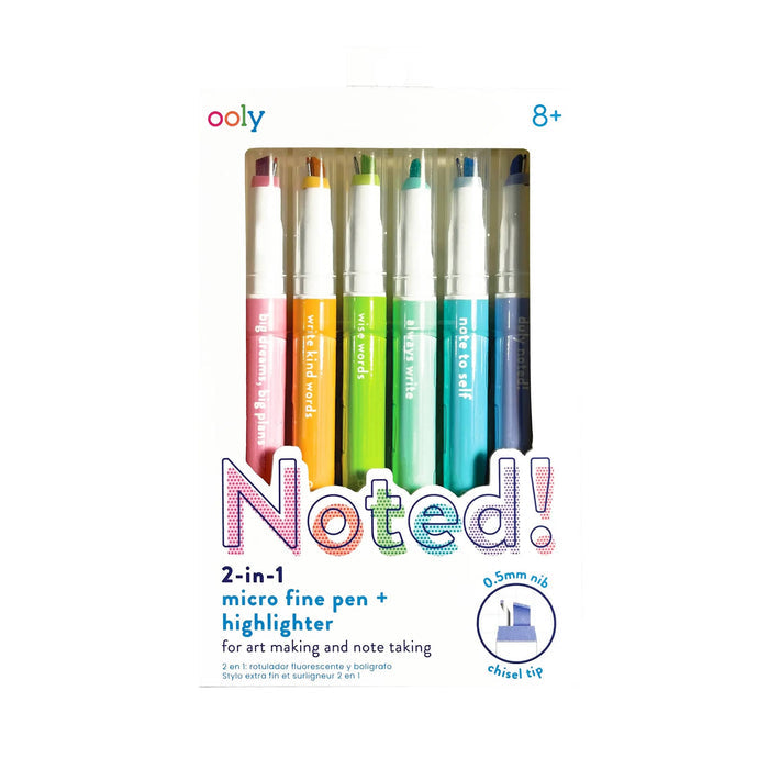 A boxed set of six ooly Noted! 2-in-1 micro fine pen and highlighter pens in assorted pastel colors, shown in retail packaging on a white background.