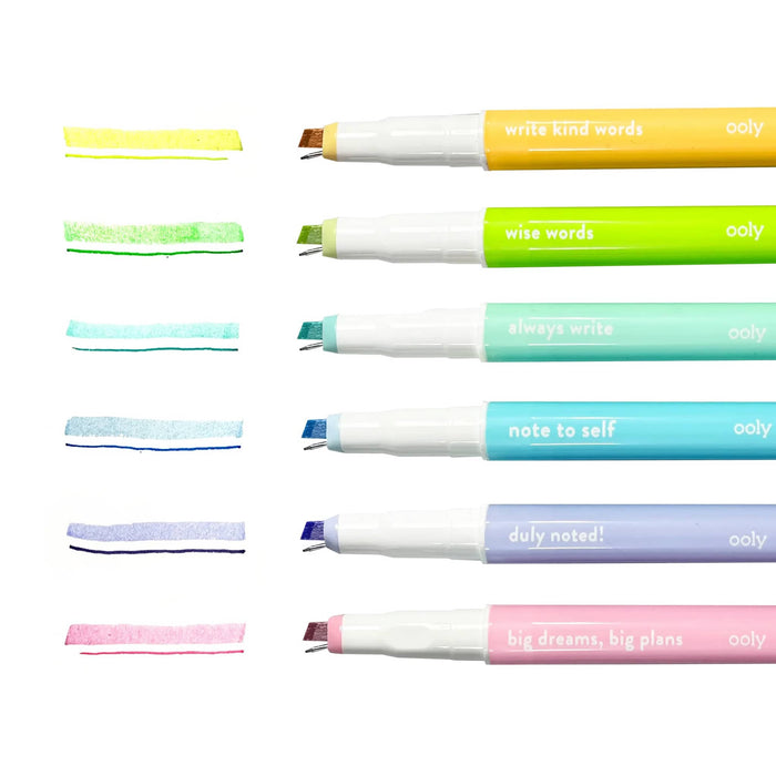 Seven pastel 2-in-1 pen and highlighters in yellow, lime green, mint green, light blue, lavender, and pink, arranged vertically with their colored ink strips shown to the left on a white background.