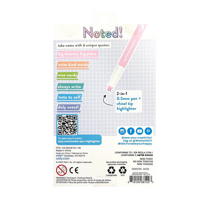 The back of a Noted! brand 2-in-1 pen and highlighter set showing product details, a QR code, social media handles, and a grid pattern background.