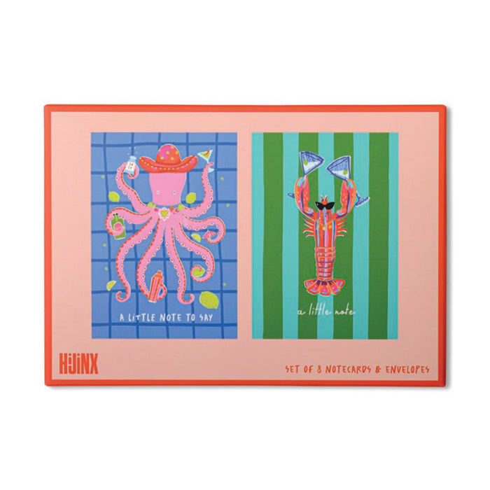 A set of two colorful notecards and matching envelopes from HIJINX in red box packaging, on a white background.