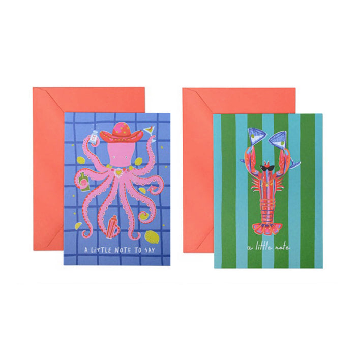 Two greeting cards with matching red envelopes on a white background. The left card has a blue grid pattern with a pink octopus illustration and the words 'A little note to say'. The right card has a blue and green striped pattern with a lobster illustration and the words "A little note.