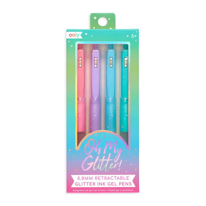 retractable glitter ink gel pens set of four in green, blue, purple and pink ombre packaging with "oh my glitter!" iridescent text