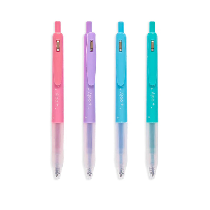 retractable glitter ink gel pens set of four in pink, purple, blue and green