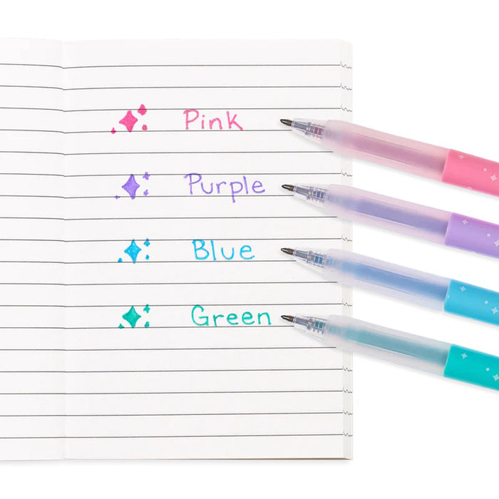 retractable glitter ink gel pens set of four in pink, purple blue and green close-up of pen tip with sample of ink color for each pen