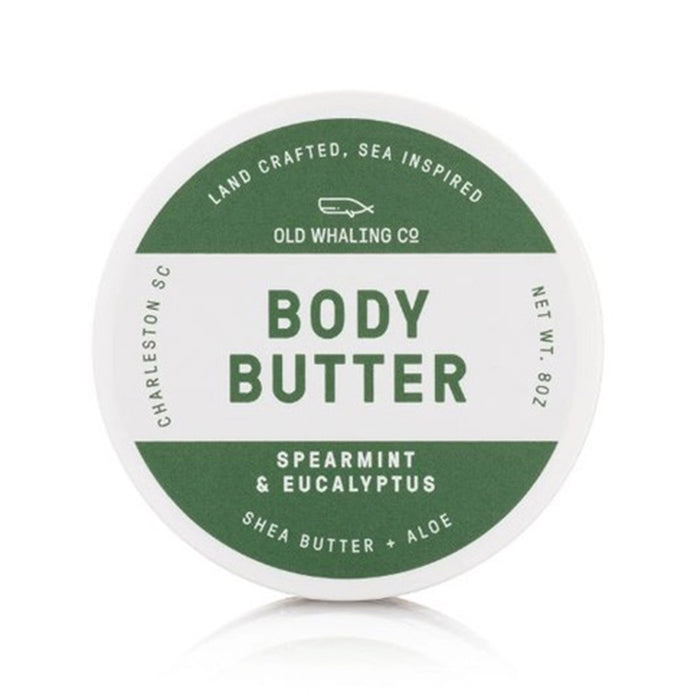Old Whaling Company Spearmint and Eucalyptus scented body butter with shea butter and aloe in white and green 8 ounce tub, top view.